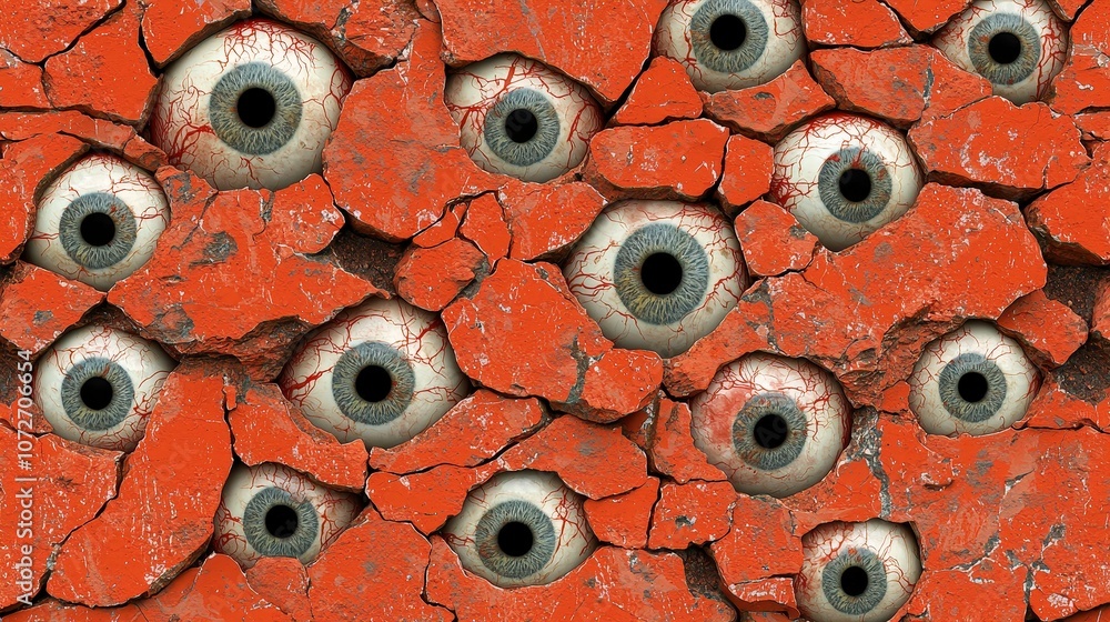 Fototapeta premium Creepy Eyes Peering From Cracked Wall Horror Halloween Surreal Art 3D Render