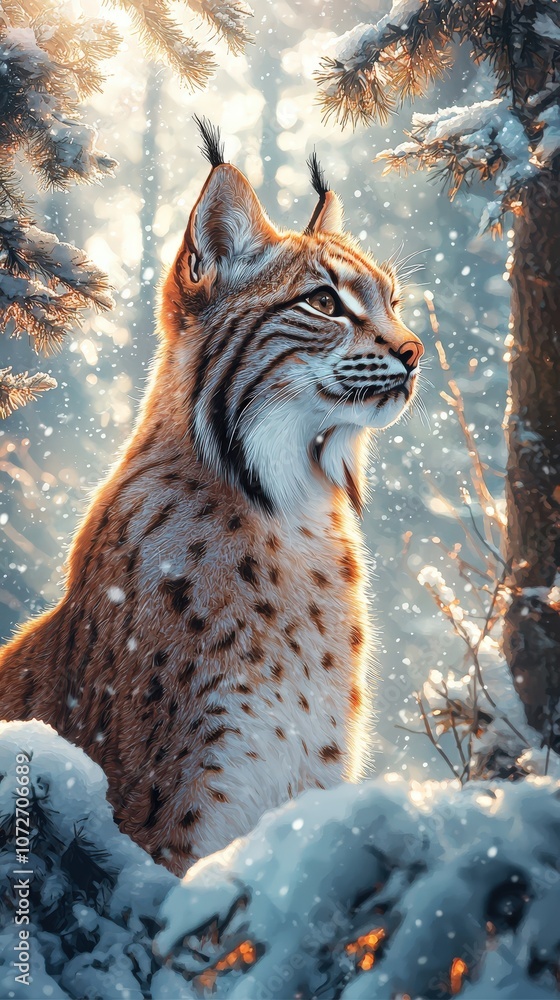 Obraz premium A majestic lynx standing in a snowy forest, surrounded by tall, snow-dusted trees, capturing the beauty and elegance of winter wildlife in its natural habitat..
