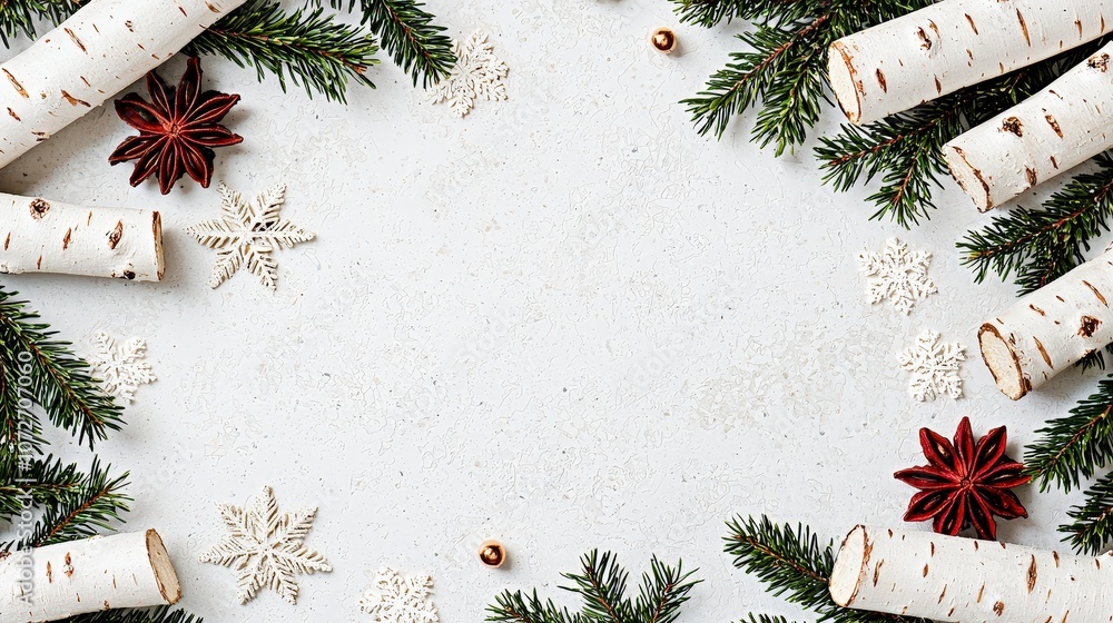 Christmas Decor Birch Logs Pine Branches and Ornaments on White Background Christmas Decor Birch Logs Pine Branches and Ornaments on White Background