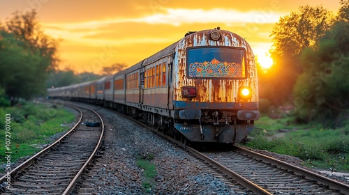 The setting sun casts a golden glow over the Indian railway tracks as a train gradually comes into view