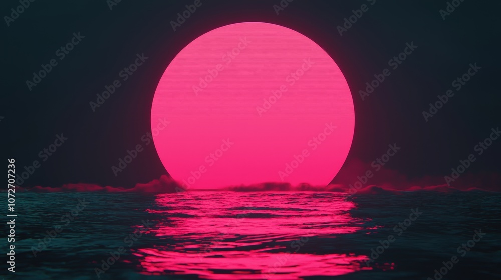 Pink Sunset Over Ocean Minimalist 3D Illustration Abstract Art Pink Sunset Over Ocean Minimalist 3D Illustration Abstract Art