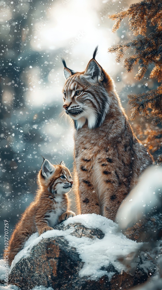A tender moment between a mother lynx and her kitten in a mountainous forest, surrounded by rocky terrain and snow-dusted trees, showcasing winter wildlife beauty.. A tender moment between a mother lynx and her kitten in a mountainous forest, surrounded by rocky terrain and snow-dusted trees, showcasing winter wildlife beauty..