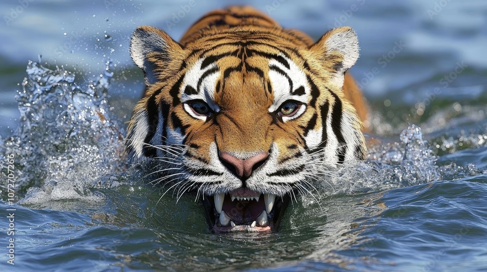 Powerful Tiger Swimming in Water Wild Animal Predator Nature Powerful Tiger Swimming in Water Wild Animal Predator Nature