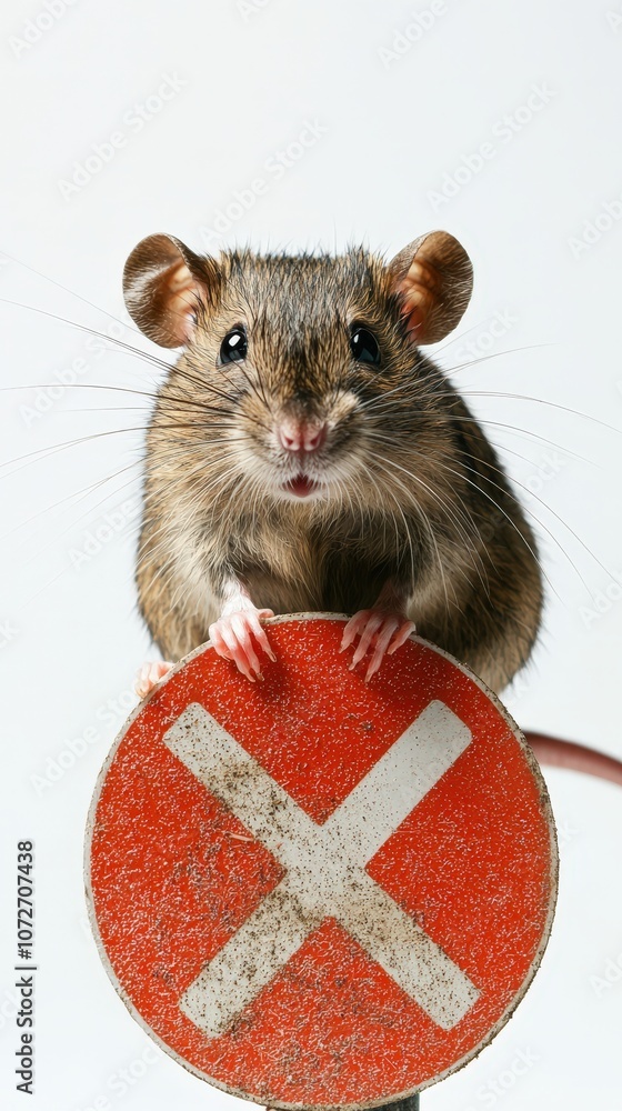 A rat on a white background with a red prohibition sign, conveying the concept of pest control and rat extermination, symbolizing prevention and cleanliness..
