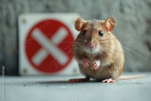 A rat on a white background with a red prohibition sign, conveying the concept of pest control and rat extermination, symbolizing prevention and cleanliness.. photo