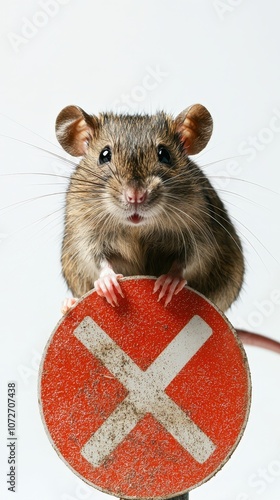 Obraz na płótnie A rat on a white background with a red prohibition sign, conveying the concept of pest control and rat extermination, symbolizing prevention and cleanliness.. w salonie