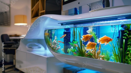 A unique aquaticinspired workspace incorporating a builtin fish tank for a touch of creativity and inspiration. photo