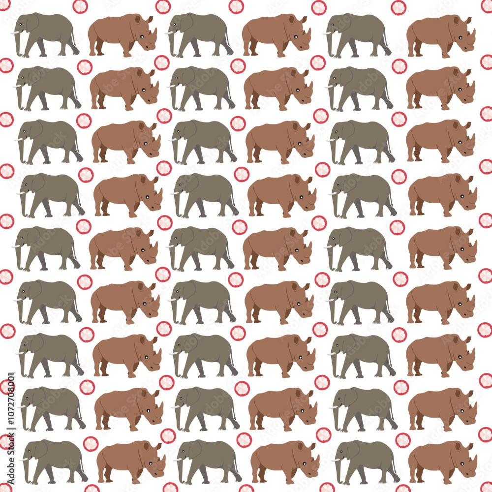 rhino, elephant with fruit as a pattern background rhino, elephant with fruit as a pattern background