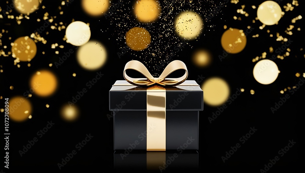 Gift box in focus with delicate bokeh particles sparkling in the background, set against a dark, elegant backdrop. Gift box in focus with delicate bokeh particles sparkling in the background, set against a dark, elegant backdrop.