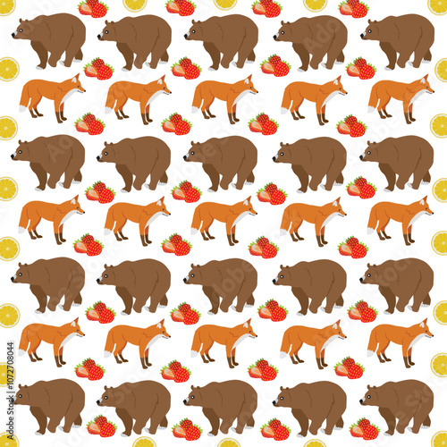 bear, fox with fruit as a pattern background