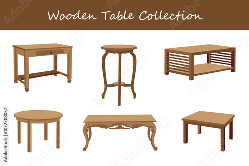 wooden table collection in different poses. Vector illustration.