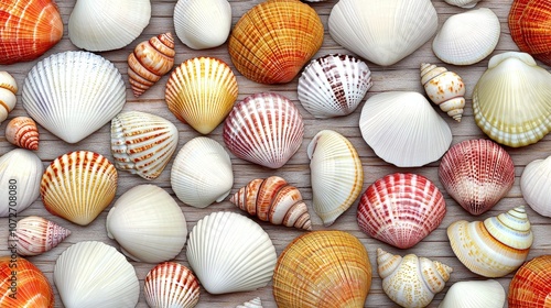 Colorful Seashells on Wooden Background Summer Beach Decor Ocean Theme Nature Texture