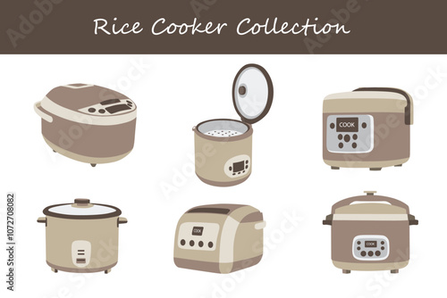 rice cooker collection in different poses. Vector illustration.