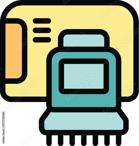 Electric comb removing lice from a head louse treatment card in a simple and colorful filled outline style icon
