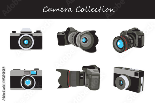 camera collection in different poses. Vector illustration.