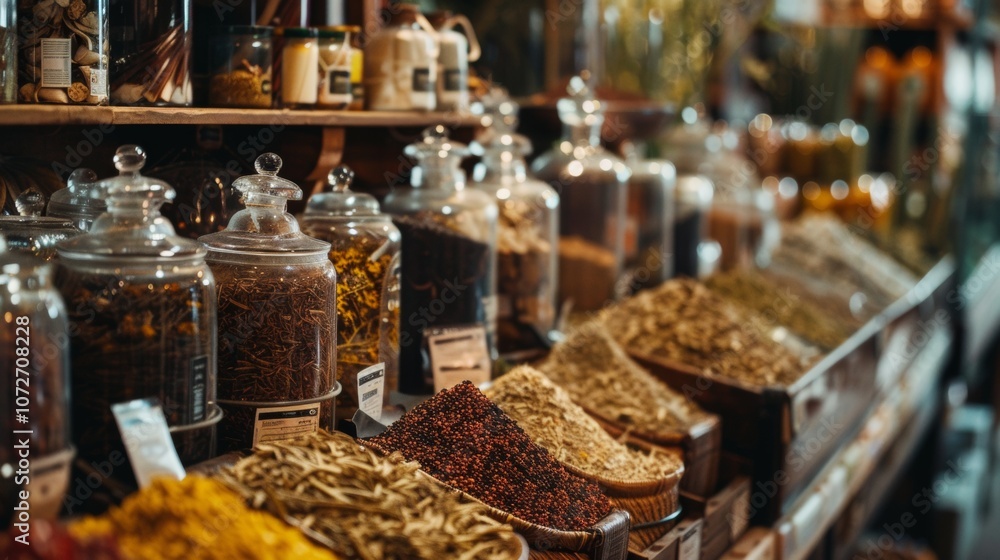 Fototapeta premium Spice market with various herbs and spices in glass jars