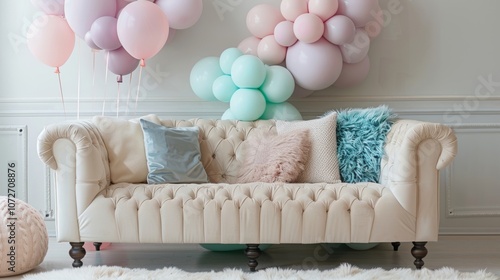 A charming setup of pastelcolored balloons floating above a tufted creamcolored sofa and fluffy pastel pillows. photo