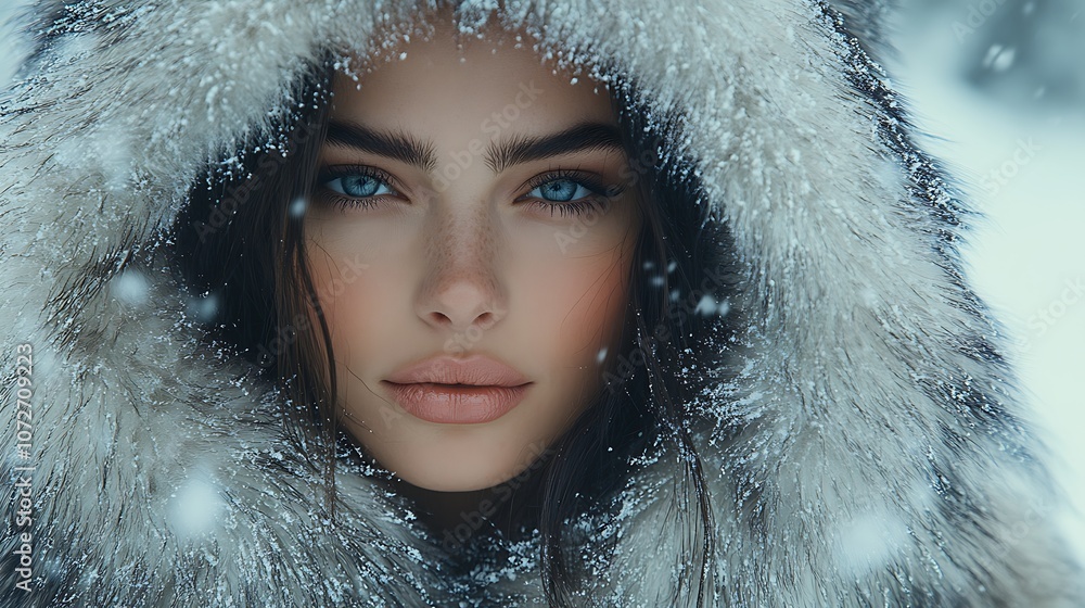 Beautiful woman in fur hood embracing winter snow Beautiful woman in fur hood embracing winter snow