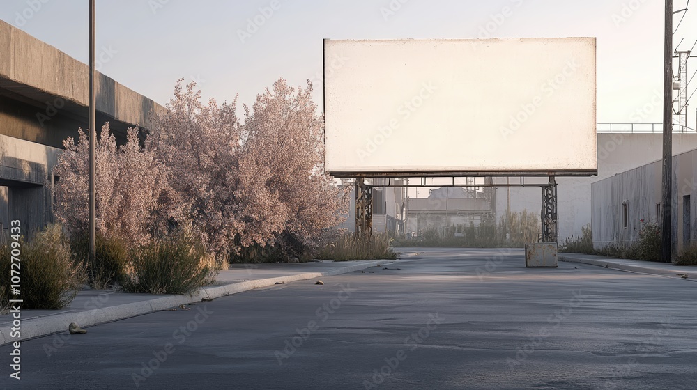 Empty urban street with blank billboard at sunrise. Empty urban street with blank billboard at sunrise.