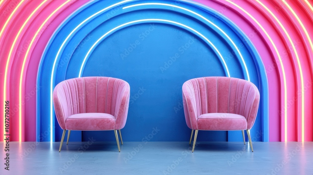 Obraz premium Pink Armchairs Against Neon Blue and Pink Arch Wall