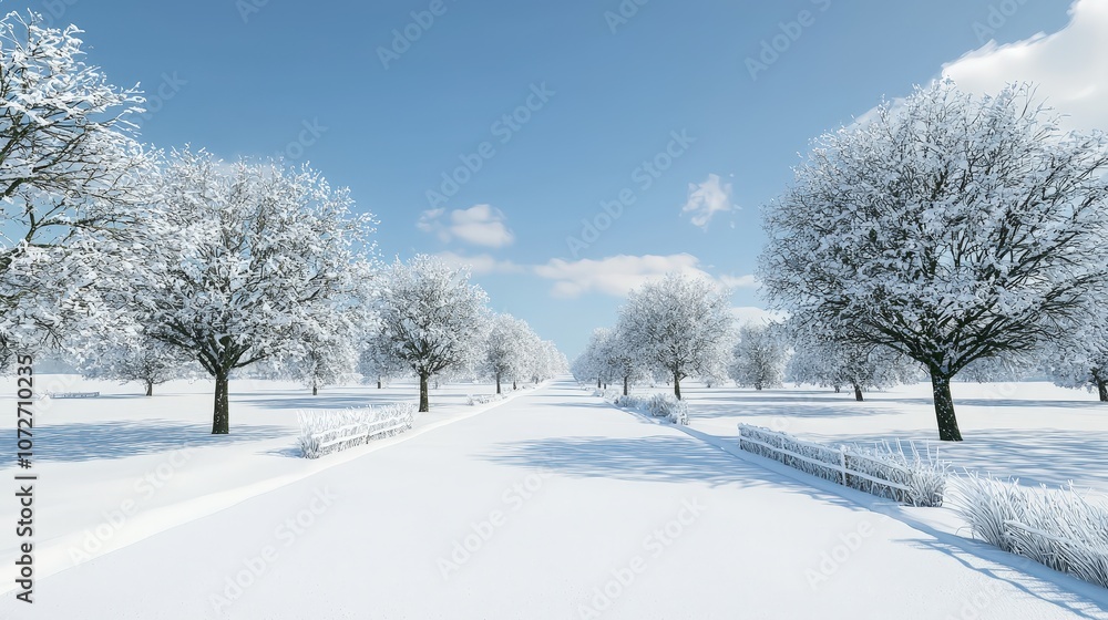 Snowy Country Road Landscape with Trees and Fence in Winter Wonderland Snowy Country Road Landscape with Trees and Fence in Winter Wonderland