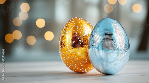 Disco Ball Easter Egg: A glittering, mirror like egg shaped ornament that reflects light in all directions, creating a dazzling display reminiscent of a disco ball photo