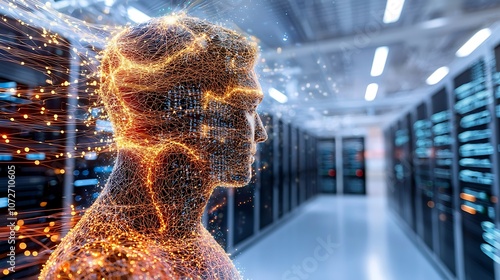 Within the expansive interior of a large scale supercomputer data center, intricate networks of cables crisscross overhead, connecting servers and switches in a complex web of communication pathways