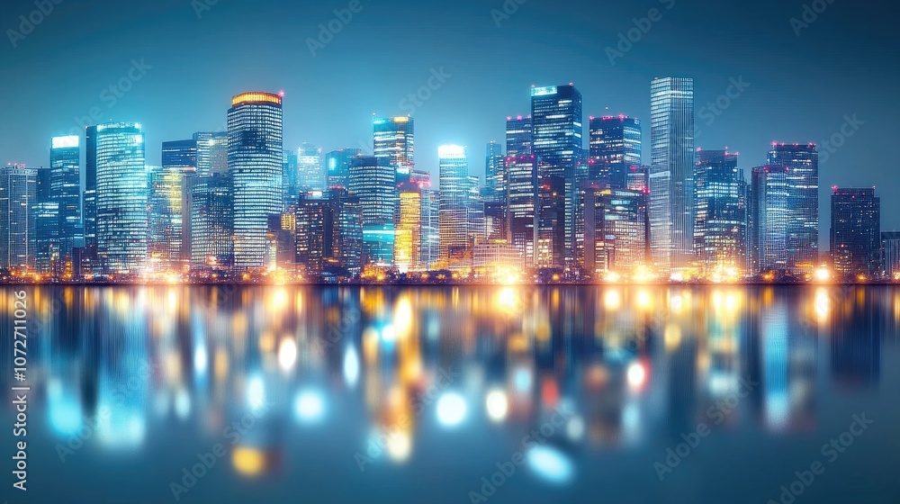 Vibrant City Skyline at Night with Reflections Vibrant City Skyline at Night with Reflections