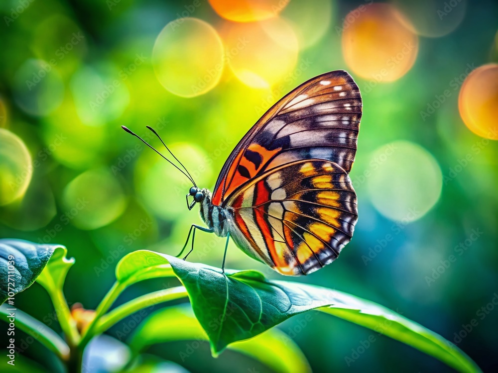 Naklejka premium Delicate Portrait of a Small Butterfly Resting on a Lush Green Leaf, Capturing Nature's Beauty with Intricate Details and Vibrant Colors in a Serene Environment