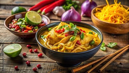 Delicious Bowl of Khao Soi - Authentic Thai Noodle Soup with Chicken and a Variety of Condiments Perfect for Food Photography and Culinary Inspiration