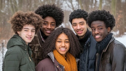 Group of Friends Celebrating the Holidays Together in a Winter Wonderland