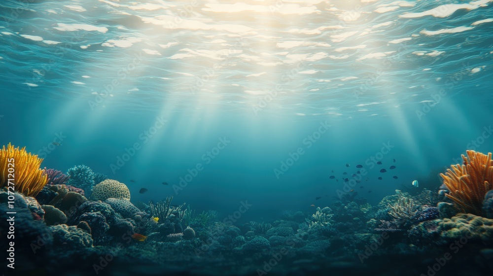 Fototapeta premium Underwater Scene with Sunlight Coral Reefs and Fish
