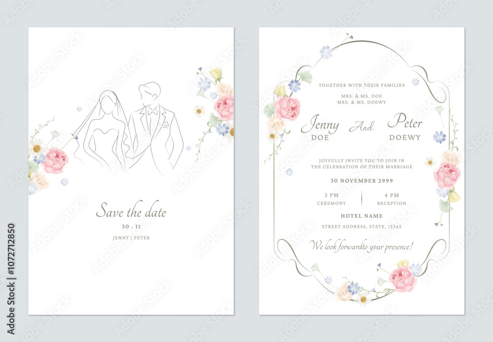 Obraz premium Wedding invitation template set of minimalist floral frame on a white background, creating a romantic and timeless feel