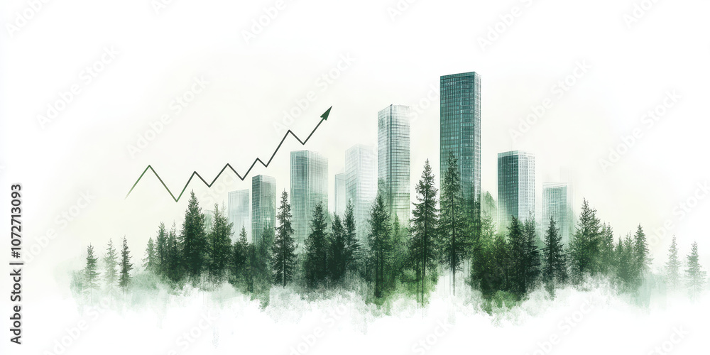 Eco friendly urban growth with forest integration and rising graph trend