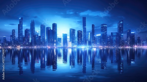 Modern City Skyline at Night with Reflections