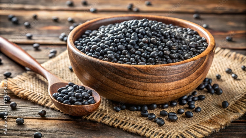 Black lentils in a wooden bowl on a burlap napkin with a wooden spoon filled with lentils Black lentils in a wooden bowl on a burlap napkin with a wooden spoon filled with lentils