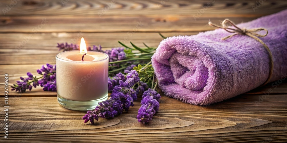 Aromatic Lavender Spa Still Life with a Rolled Towel, Lit Candle, and Delicate Flowers on a Wooden Surface Aromatic Lavender Spa Still Life with a Rolled Towel, Lit Candle, and Delicate Flowers on a Wooden Surface