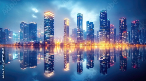 Glowing City Skyline Reflection at Night