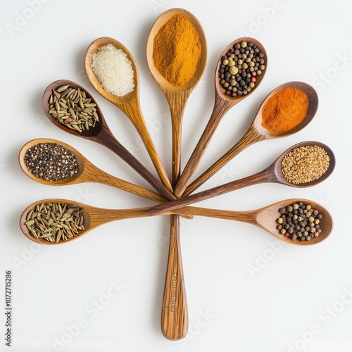 kinds of spices on wooden spoon