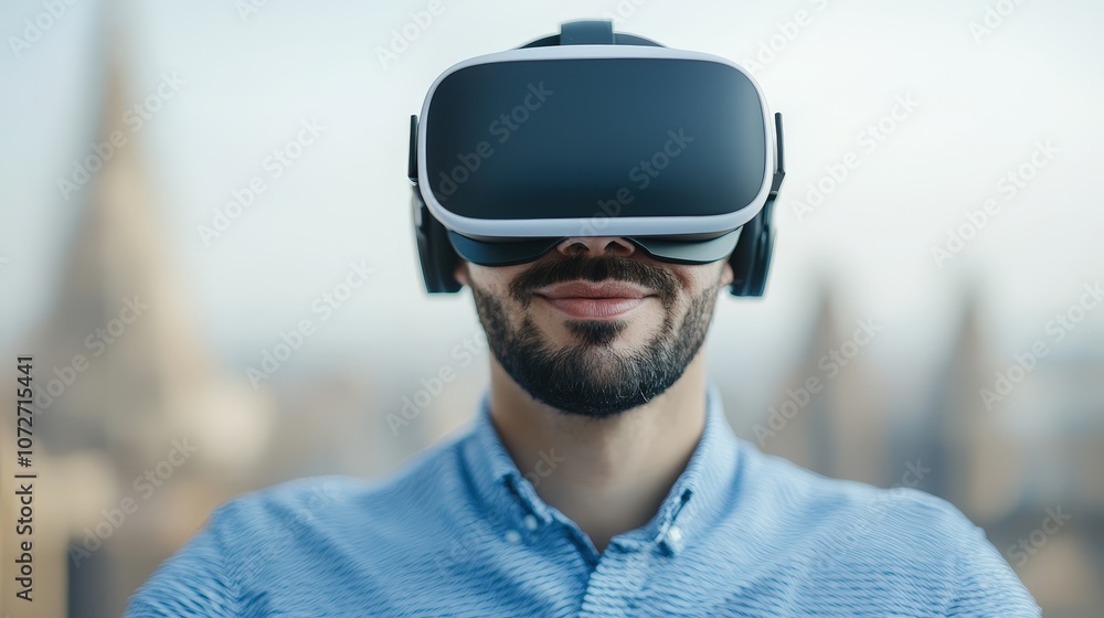 Man Experiencing Augmented Reality Tour with VR Headset Man Experiencing Augmented Reality Tour with VR Headset