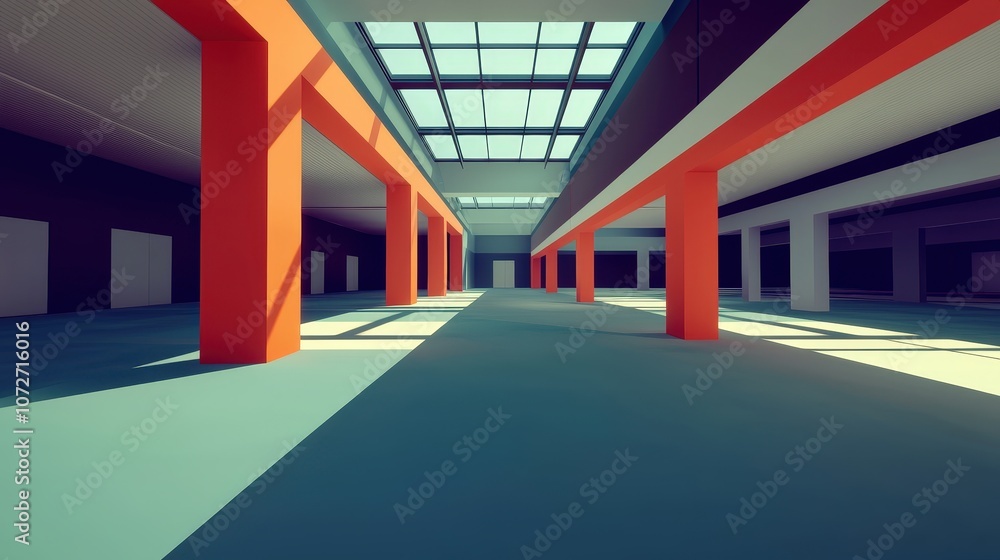 Modern Minimalist Architecture Empty Hallway with Skylight and Orange Pillars Modern Minimalist Architecture Empty Hallway with Skylight and Orange Pillars
