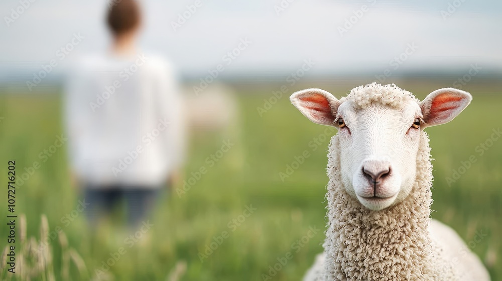 Obraz premium Close up of a Sheep in a Meadow with a Person in the Background