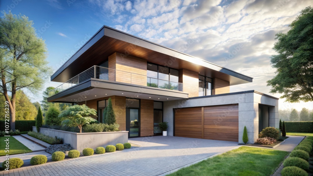 Modern house with a sleek exterior, featuring a large garage door and a patio with a glass railing Modern house with a sleek exterior, featuring a large garage door and a patio with a glass railing
