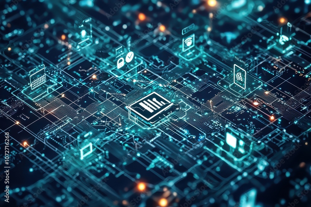 Abstract digital network technology background with glowing circuits and connected icons representing data, communication, and modern connectivity in a futuristic design Abstract digital network technology background with glowing circuits and connected icons representing data, communication, and modern connectivity in a futuristic design