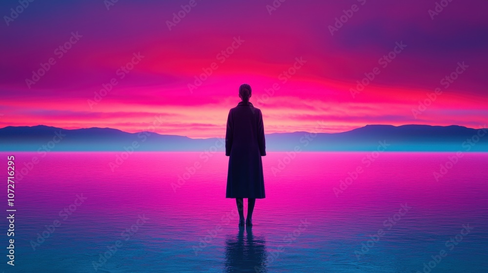 Fototapeta premium Dreamy Silhouette of a Woman in Vibrant Pink Sunset Landscape