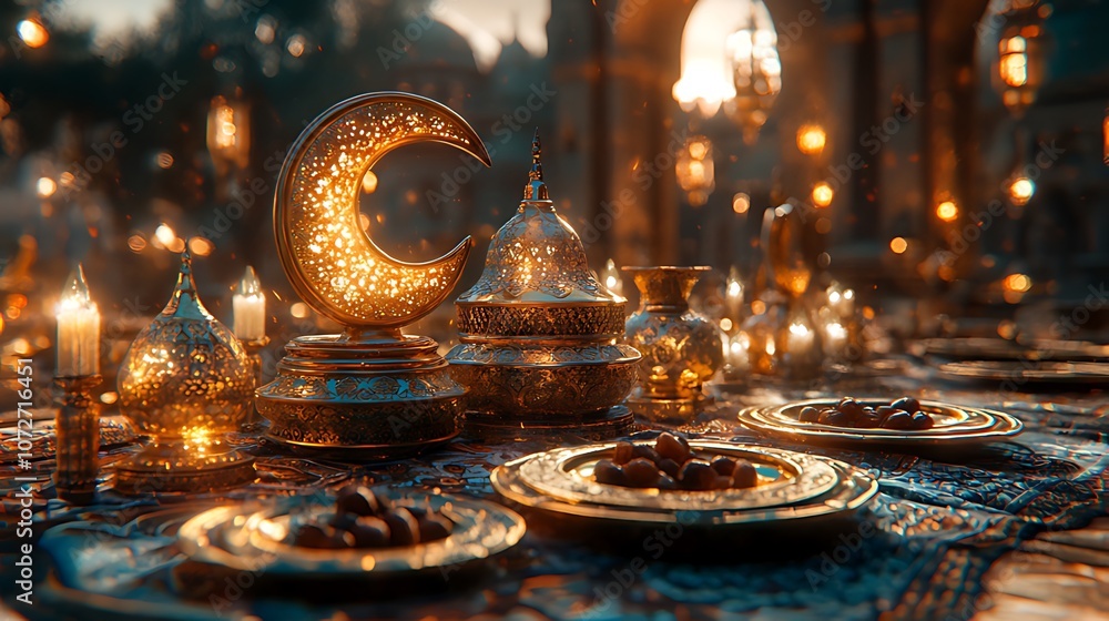 Golden Ramadan table setting with dates, lanterns, and a crescent moon. Golden Ramadan table setting with dates, lanterns, and a crescent moon.