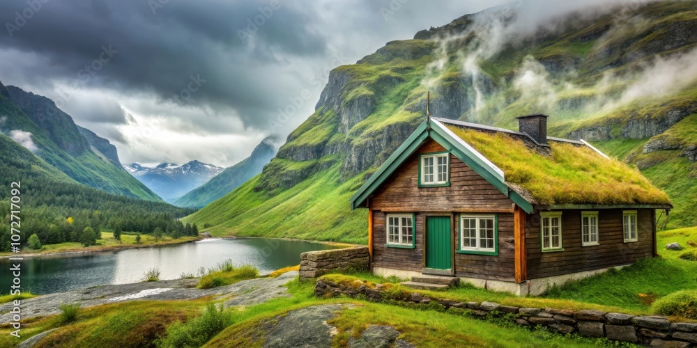A secluded cabin with a grass roof nestled amidst rolling green hills and a tranquil lake, a stunning panorama of natural beauty. A secluded cabin with a grass roof nestled amidst rolling green hills and a tranquil lake, a stunning panorama of natural beauty.