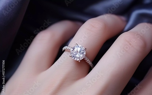 A close-up of a sparkling diamond engagement ring on a hand against a soft fabric background.