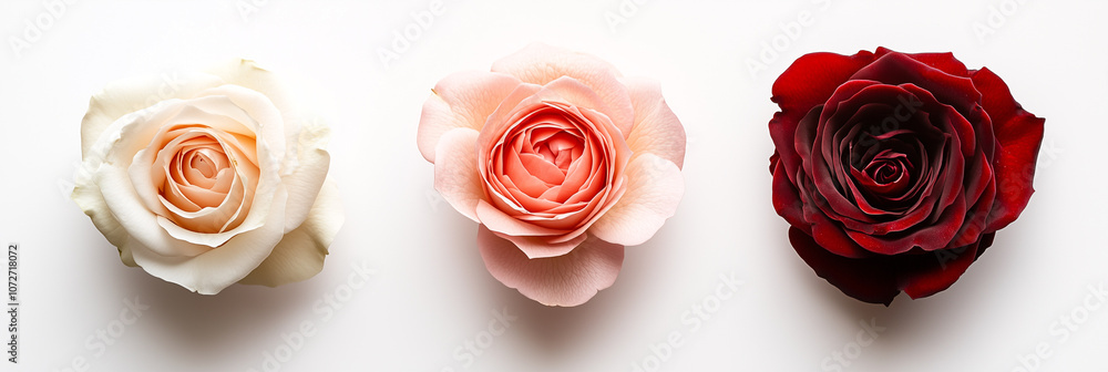 Three roses in a minimalist arrangement, isolated on a crisp white background. From left to right: a delicate cream rose, a soft pink rose, and a vibrant red rose. Three roses in a minimalist arrangement, isolated on a crisp white background. From left to right: a delicate cream rose, a soft pink rose, and a vibrant red rose.