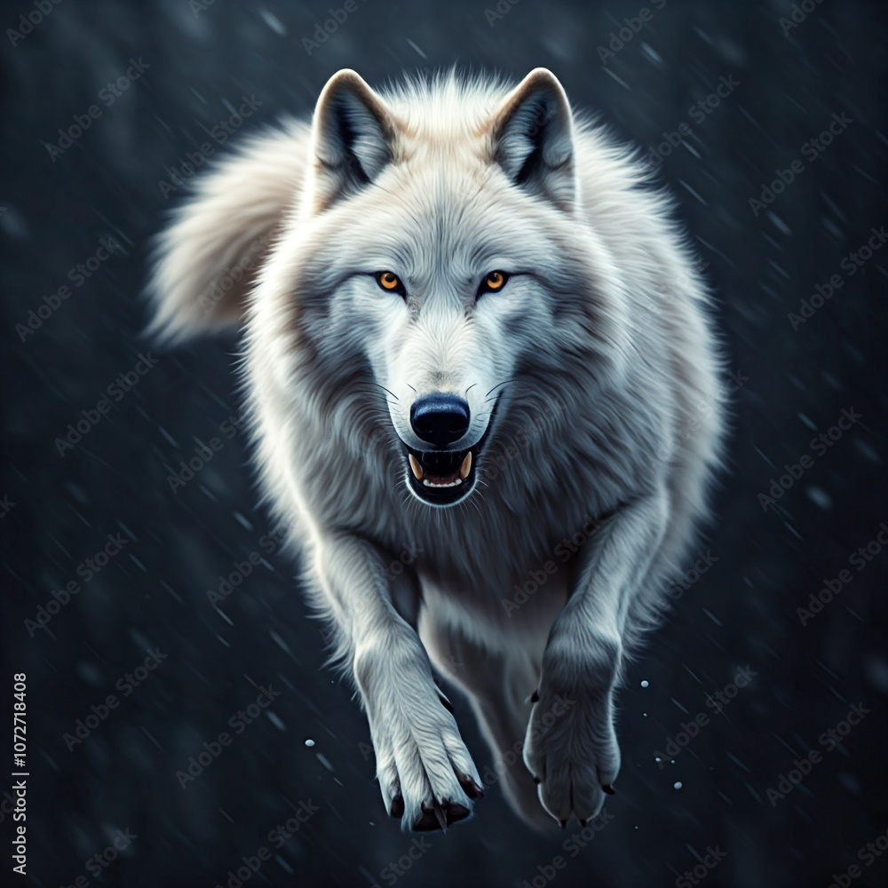 A lone arctic wolf bounds through the snow, its piercing eyes searching for its next prey A lone arctic wolf bounds through the snow, its piercing eyes searching for its next prey